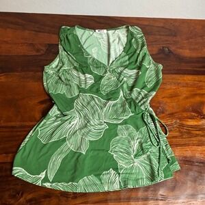 West K Green White Floral Print Sleeveless V Neck Tie Waist Peplum Top Women's S